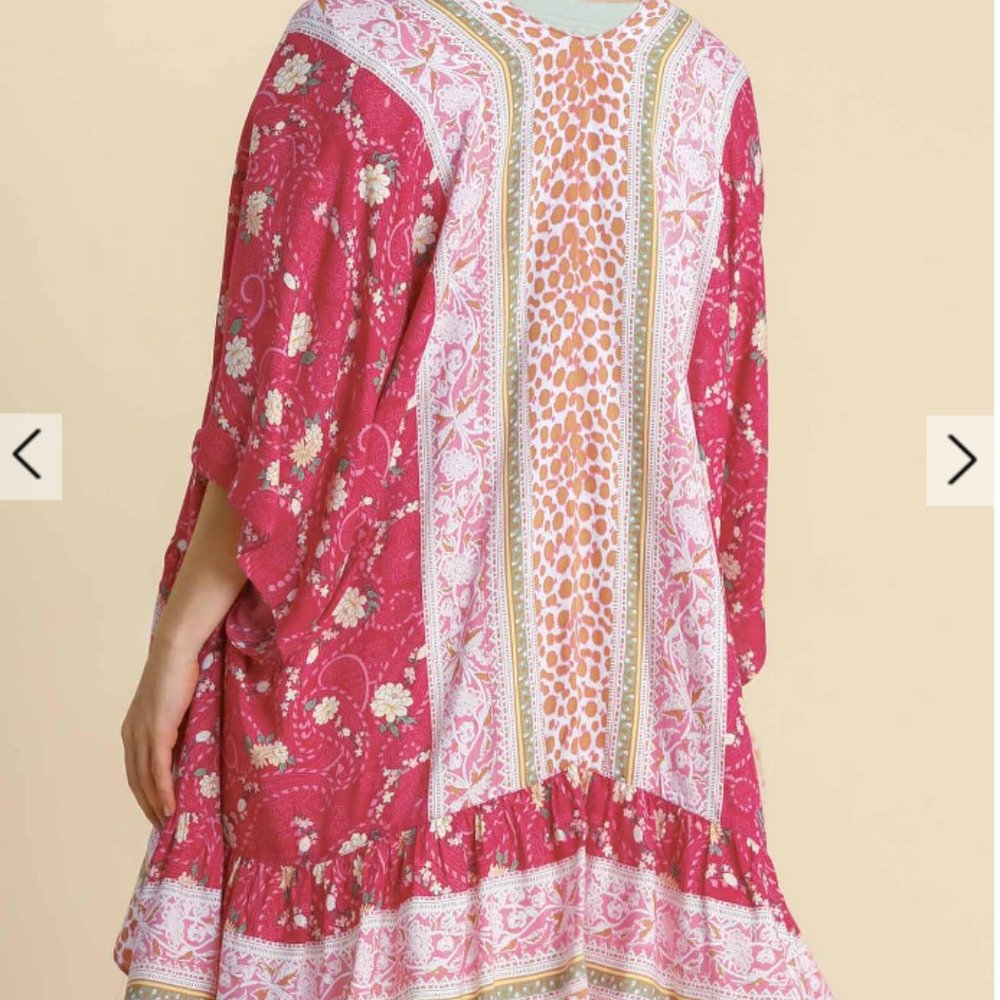 244.Women's Mixed Floral & Animal Border Print Bell Sleeve Open Front Kimono NWT - Picture 4 of 4